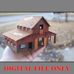 May include: A miniature model of a barn with a red exterior and a brown roof. The model has several windows and doors, with a small overhang. The text "DIGITAL FILE ONLY" is displayed in red at the bottom.