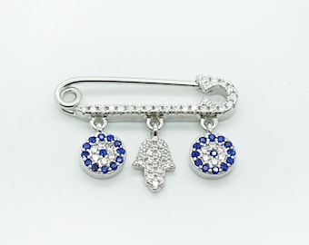 925 sterling silver baby safety pin evil eye and hamsa for protection and good luck