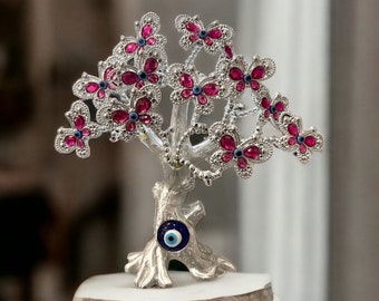 Pink butterfly Flower Silver Lucky Tree of Life for Home Protection Gift