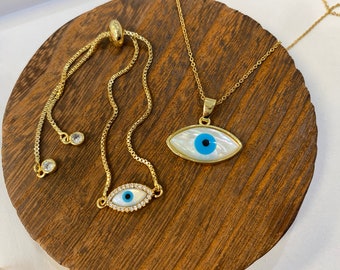 Shell eye pendant and bracelet free chain and shipping 14k gold plated