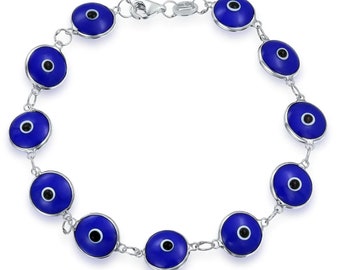 925 Sterling Silver Turkish Multi Colors Evil Eye Glass Bead Bracelet 7.5"