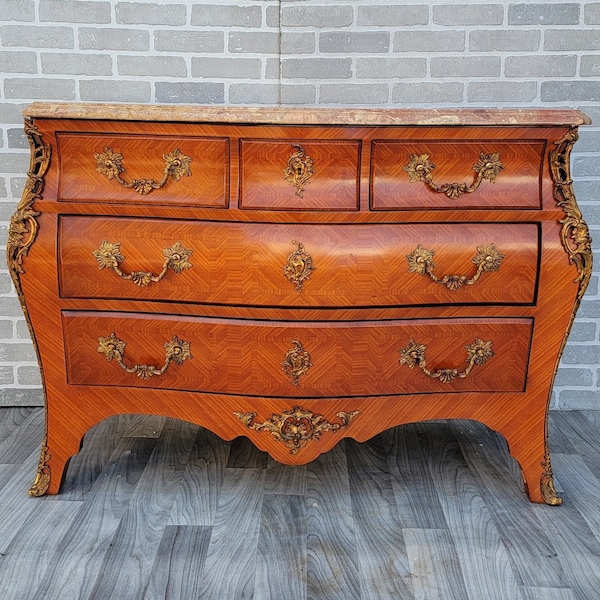 Antique French Louis XV Style Marble Top Bombe Chest Commode