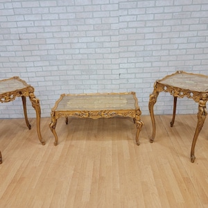 Antique Italian Rococo Carved Marquetry Figural Cherub Side Tables and Coffee Table - 3 Piece Set