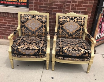 Antique Victorian Carved Gold Wood Frame Chairs Newly Upholstered - Pair