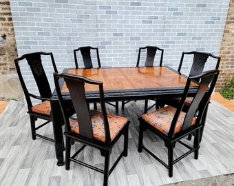 Hollywood Regency Chinoiserie Chin Hua Ebonized Dining Set By Raymond K. Sobota for Century Furniture - 8 Piece Set