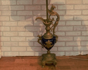 Antique French Art Nouveau Figural Ornate Cobalt Blue Table Lamp