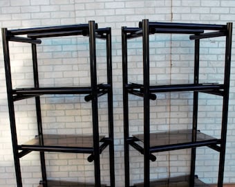 Vintage Modernist Tubular Black Metal Shelving Units/Etagere with Tinted Glass - Pair