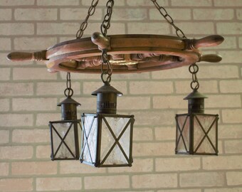 Vintage Nautical Ship Wheel Chandelier with Three Lanterns