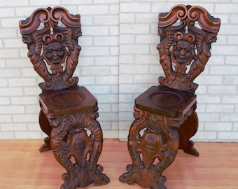 Antique Italian Renaissance Revival Carved Ornate Figural Walnut Hall Side Chairs - Pair