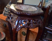 Vintage Chinese Hand Carved Rosewood Marble Top Pedestal Table