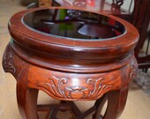 Vintage Chinese Rosewood Carved Pedestal Table with Smoked Glass Top