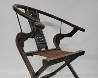 Antique Chinese Huanghuali Horseshoe Back Folding Throne Chair