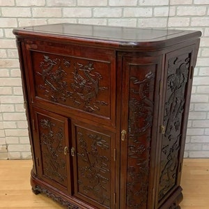 Mid Century Modern Carved Ornate Chinese Rosewood Flip Top Dry Bar Cabinet