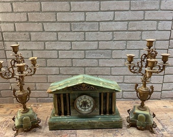 Antique Victorian Green Marble Mantel Clock and 2 Candelabras - Garniture Set