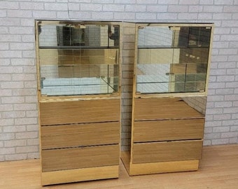 Mid Century Ello Smoked Mirrored 2-Tier Display Cabinet Chests - Pair