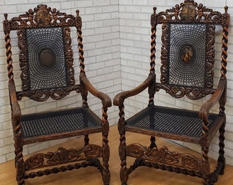 Antique French Louis XIII Jacobean Renaissance Revival Carved Ornate Figural Throne Chairs - Pair