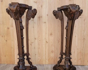 Vintage French Neoclassical Finely Carved Mahogany Finished Ram’s Head Pedestal Stands - Pair