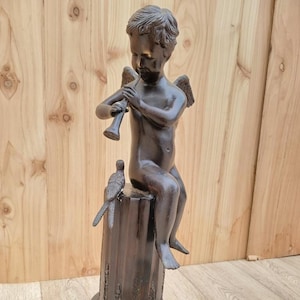 Antique Bronze Sculpted Cherub on Pedestal Playing The Flute - Indoor/Outdoor