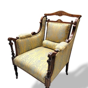 Antique Biedermeier Inlaid Silk Upholstered Carved Armchair