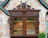 Antique French Oak Black Forest Harvest Hunt Stag Crown Cabinet Bookcase Buffet