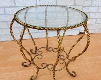 Hollywood Regency Italian Gold Gilt Rope Glass Top Spider Side Accent Table