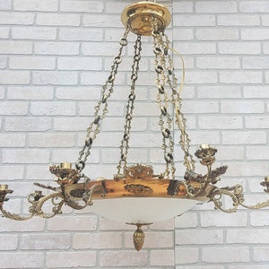 Antique French Empire Ornate Brass 4 Light Electrified Etched Glass Bowl Candelabra Chandelier