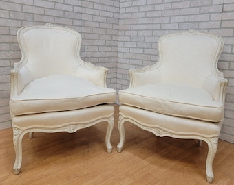 Antique French Provincial Rustic Distressed White Carved Frame Bergere Chairs - Pair