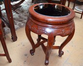 Vintage Chinese Rosewood Carved Pedestal Table with Smoked Glass Top