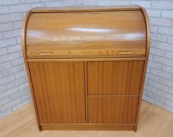 Mid Century Modern Compact, Roll Top and Pull Out Desk Storage Cabinet