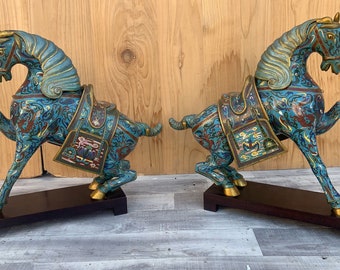 Vintage Chinese Cloisonné War Horse Sculptures on Mahogany Base - Pair