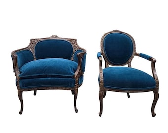 Sillones antiguos franceses estilo Luis XV y Luis XVI recién tapizados – Juego de 2