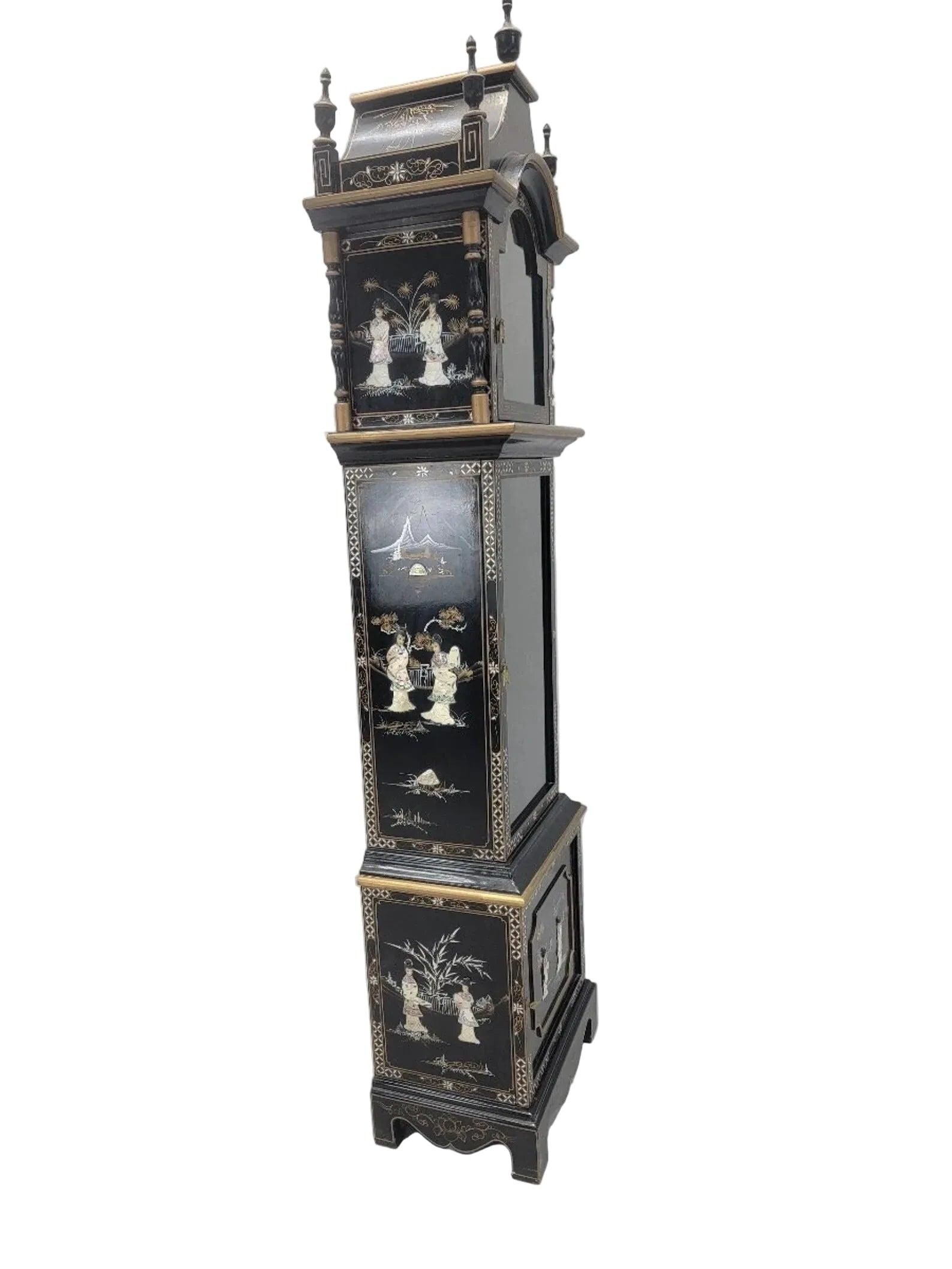 Vintage Wai Hing Clocks Co. Chinoiserie Black Lacquer Hand-painted