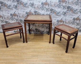 Vintage Shanxi Province Elmwood Wicker Rattan End/Side Tables - Set of 3