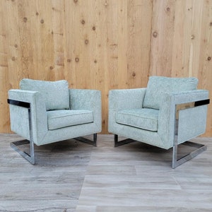 Mid Century Modern Milo Baughman Chrome Flat Bar Floating Cube Chairs Newly Upholstered - Pair