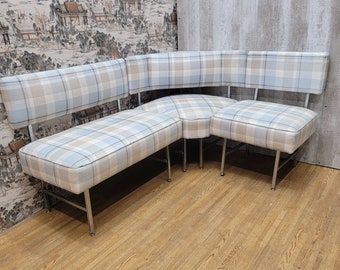 Vintage Modern Corner Dining Banquette in Plaid Fabric