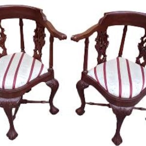 Antique English Carved Mahogany Corner Chair - Pair
