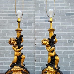 Vintage Italian Gilt Table Lamps in the form of a Cherub/Putti- Pair
