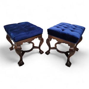 Antique Mahogany Chippendale Tufted Bench/Ottomans Newly Upholstered in Italian Velvet - Pair