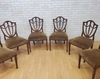 Antique English Inlaid Hepplewhite Style Shield Back Dining Chairs - Set of 6