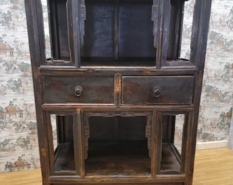 Antique Shanxi Province Brown Black Lacquered Elmwood Bookcase