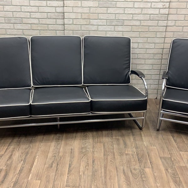 Art Deco Chrome Tubular Sofa & Lounge Chair Set in Black Leather- Set of 2
