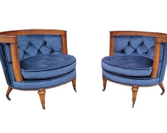 Mid Century Modern Barrel Back Tufted Lounge Chairs Newly Upholstered Blue Mohair - Pair