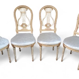 Antique French Louis XVI Style Gilded Balloon-Back Dining Chairs Newly Upholstered - Set of 4