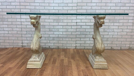 Vintage Hollywood Regency Asian Dragon Statue with Glass Top Console Table