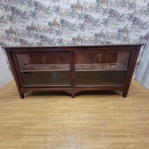 Vintage Teakwood Low Bookcase / Display Cabinet with Sliding Glass Doors