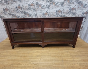 Vintage Teakwood Low Bookcase / Display Cabinet with Sliding Glass Doors