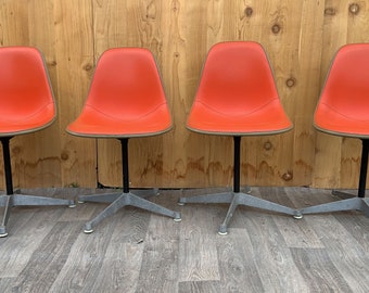 Mid Century Modern Herman Milller  Swivel Shell Chairs in Red Orange Vinyl - Set of 4