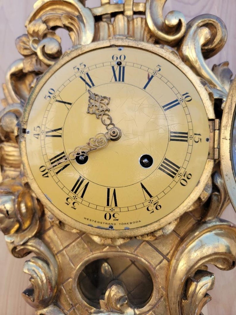 Antique Swedish Westerstrand Gold Rococo Cartouche Clock image 7