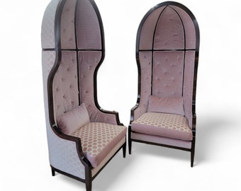 Vintage Parisian 7 Feet Tall Mahogany Canopy Parlor Chairs Newly Reupholstered - Pair
