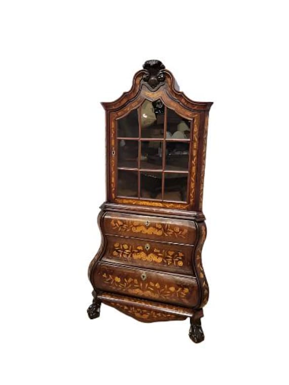 Antique Dutch Marquetry Corner Display Cabinet